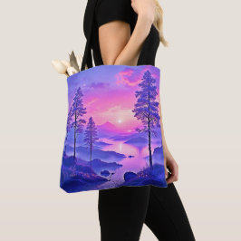 Paarse zonsondergang landschapskunst tote bag