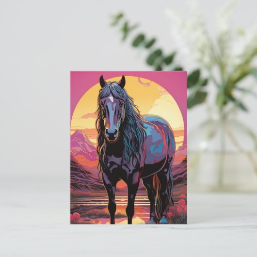 Paarse Zonsondergang Paard Briefkaart (Staand voorkant)