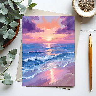 Paarse Zonsondergang Paarse Strand Oceaan Aquarel Briefkaart