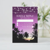 Paarse zonsondergang Palm Tree Beach Lights bruilo RSVP Kaartje (Staand voorkant)