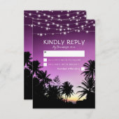 Paarse zonsondergang Palm Tree Beach Lights bruilo RSVP Kaartje (Voorkant / Achterkant)