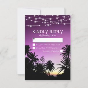 Paarse zonsondergang Palm Tree Beach Lights bruilo RSVP Kaartje