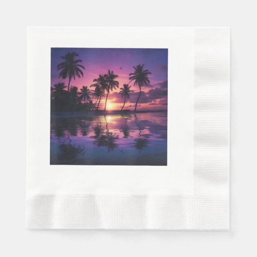 Paarse Zonsondergang Strand Palmbomen Servet (Voorkant)