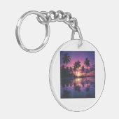 Paarse Zonsondergang Strand Palmbomen Sleutelhanger (Voorkant Links)