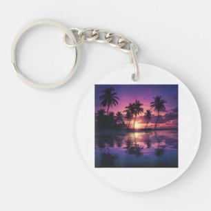 Paarse Zonsondergang Strand Palmbomen Sleutelhanger