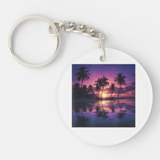 Paarse Zonsondergang Strand Palmbomen Sleutelhanger (Voorkant)