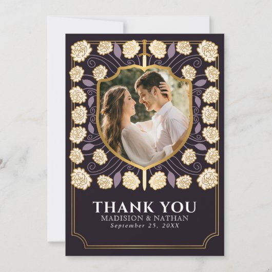 Paarse zwaard en schild middeleeuwse fantasie brui bedankkaart (Voorkant)