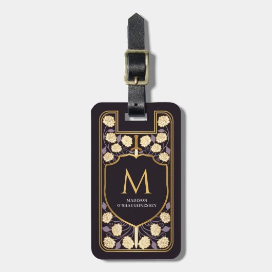 Paarse Zwaardschild Middeleeuwse Fantasy Monogram Bagagelabel (Voorkant verticaal)