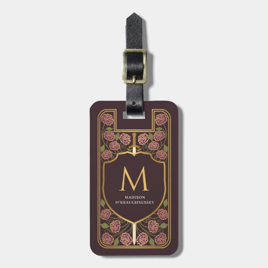 Paarse Zwaardschild Middeleeuwse Fantasy Monogram Bagagelabel (Voorkant verticaal)