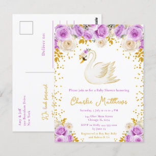 Paarse Zwanen en Gouden Rozen Baby Shower Briefkaart