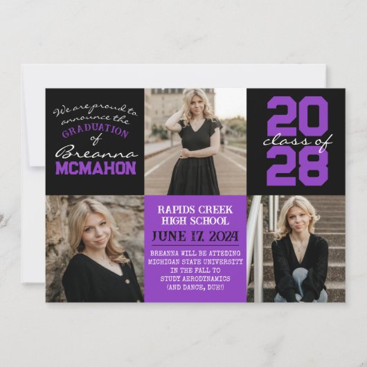 Paarse & Zwart 4 Foto Afstuderen Aankondiging (Voorkant)