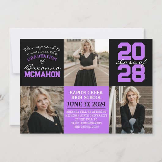 Paarse & Zwart 4 Foto Afstuderen Aankondiging (Voorkant)
