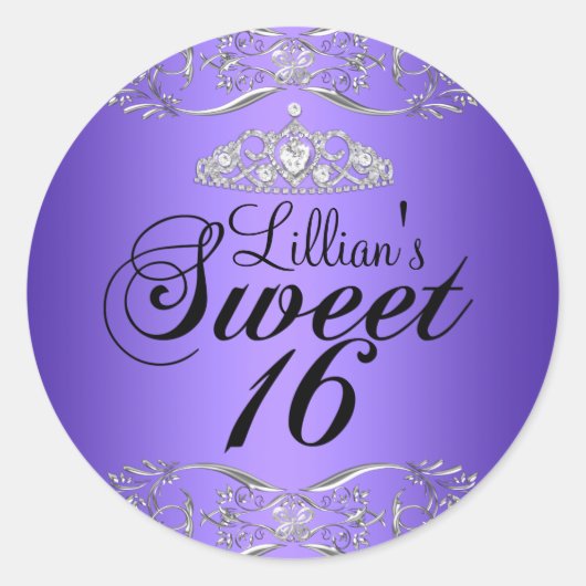 Paarse Zwart Damask & Tiara Sweet 16 Sticker (Voorkant)