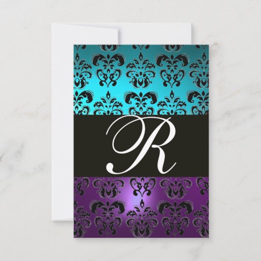 PAARSE ZWART-DAMASKMONOGRAM RSVP, blauwe turquase RSVP Kaartje (Voorkant)