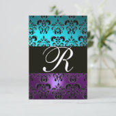PAARSE ZWART-DAMASKMONOGRAM RSVP, blauwe turquase RSVP Kaartje (Staand voorkant)