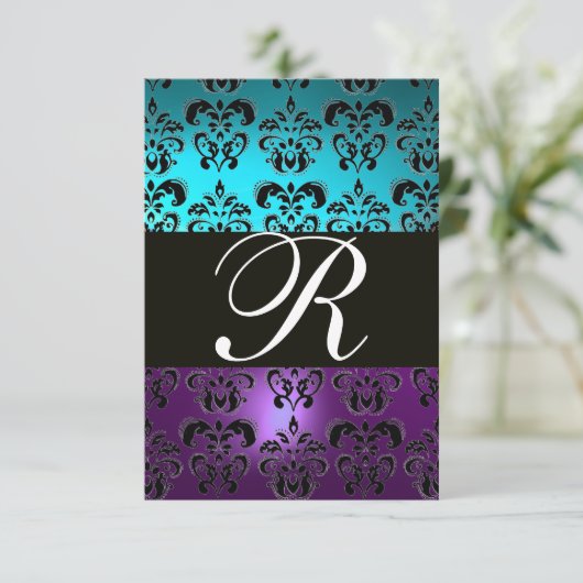 PAARSE ZWART-DAMASKMONOGRAM RSVP, blauwe turquase RSVP Kaartje (Staand voorkant)