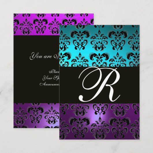 PAARSE ZWART-DAMASKMONOGRAM RSVP, blauwe turquase RSVP Kaartje (Voorkant / Achterkant)