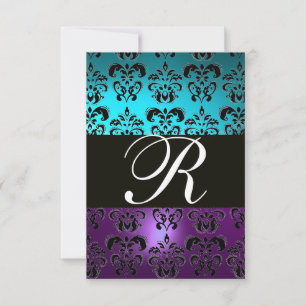 PAARSE ZWART-DAMASKMONOGRAM RSVP, blauwe turquase RSVP Kaartje