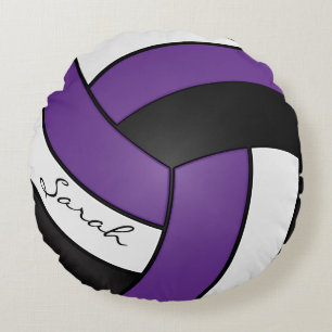 Paarse, zwart en wit volleybal  DIY-naam Rond Kussen