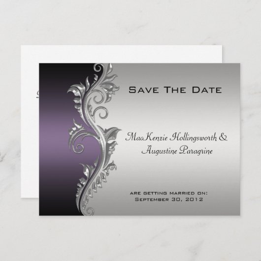 Paarse Zwart en Zilver Save The Date Aankondigingskaart (Voorkant / Achterkant)