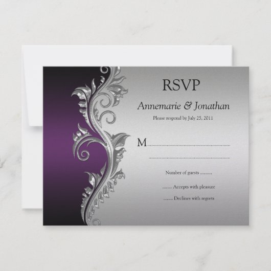Paarse Zwart en Zilver Swirls RSVP (Voorkant)