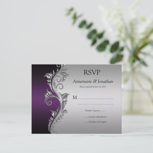 Paarse Zwart en Zilver Swirls RSVP (Staand voorkant)