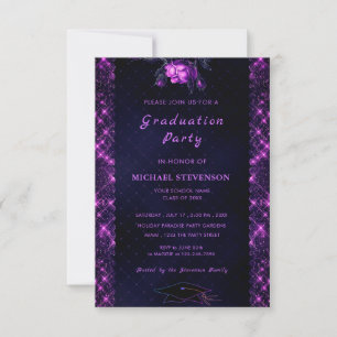 Paarse Zwart Glitter Sparkly Afstuderen Invitation Kaart