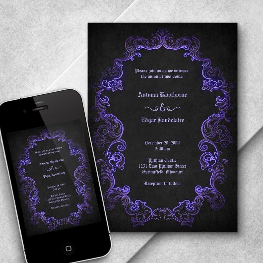 Paarse zwart gotische bruiloft kaart