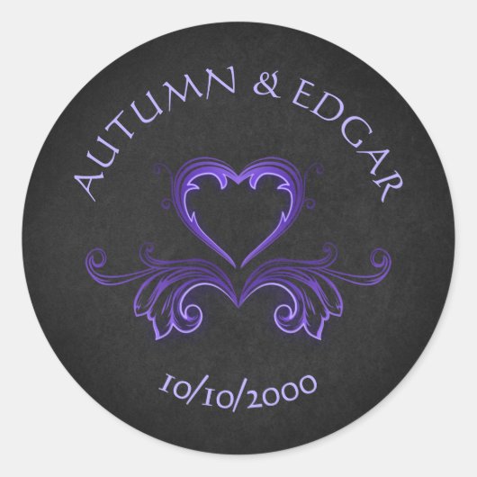 Paarse zwart gotische bruiloft ronde sticker (Voorkant)