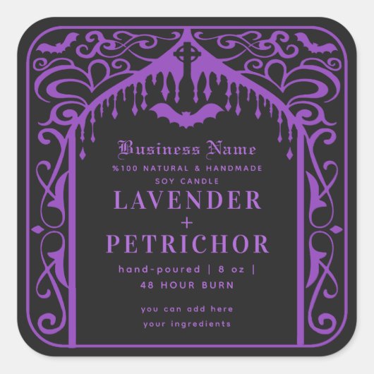Paarse Zwart Gotische Vampier Kaars Product Label (Voorkant)