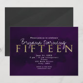 Paarse Zwart & Goud 15TH 15 Feestuitnodiging Kaart (Voorkant / Achterkant)
