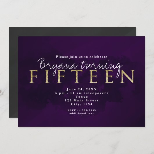 Paarse Zwart & Goud 15TH 15 Feestuitnodiging Kaart (Voorkant / Achterkant)