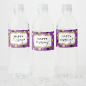 Paarse Zwart Goud Confetti Happy Birthday! Waterfles Etiket (Flessen)