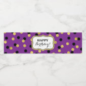 Paarse Zwart Goud Confetti Happy Birthday! Waterfles Etiket (Enkel label)