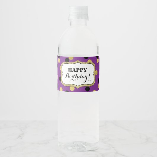 Paarse Zwart Goud Confetti Happy Birthday! Waterfles Etiket (Voorkant)