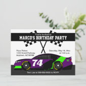 Paarse Zwart Groen Wit Race Auto Verjaardagsfeest Kaart (Staand voorkant)