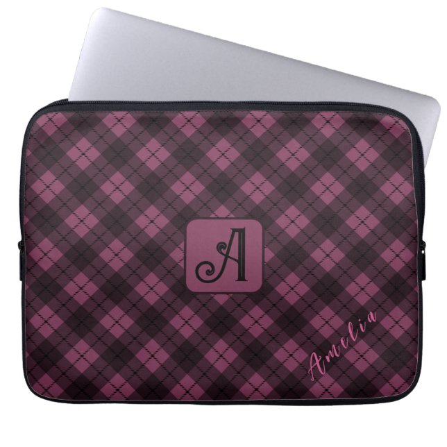 Paarse Zwart Plaid Pas Naam aan Laptop Sleeve (Voorkant)