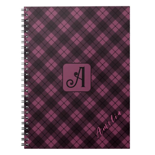 Paarse Zwart Plaid Pas Naam aan Notitieboek (Voorkant)