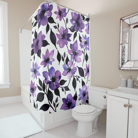 Paarse Zwart Wit Bloemen Waterverf Douchegordijn (In situ)