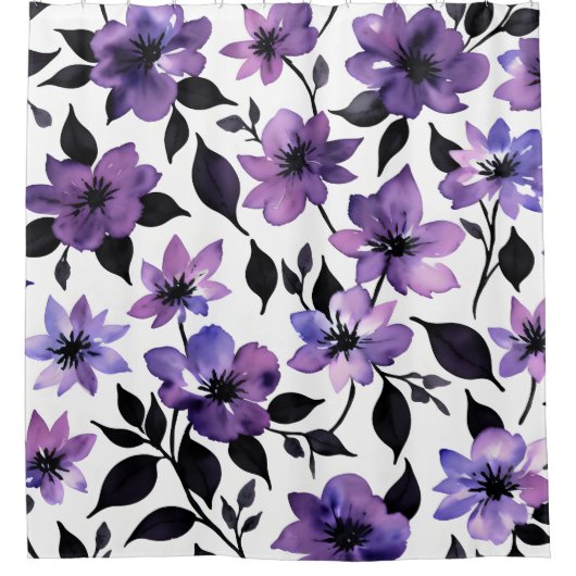 Paarse Zwart Wit Bloemen Waterverf Douchegordijn (Voorkant)
