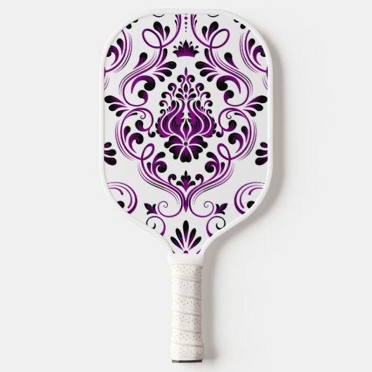 Paarse zwart-wit Damask Bloemen Pickleball Paddle (Voorkant)