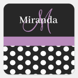Paarse zwart wit polka dot monogram vierkante sticker