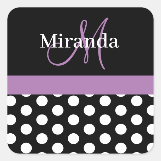 Paarse zwart wit polka dot monogram vierkante sticker (Voorkant)