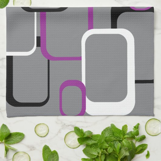 Paarse zwart wit retro vierkant patroon theedoek (Gevouwen)