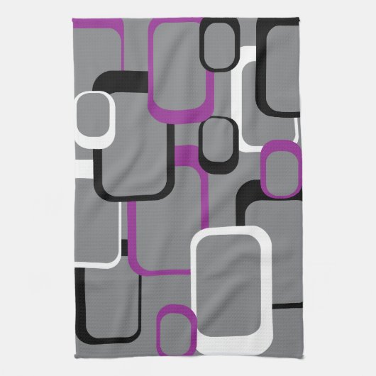 Paarse zwart wit retro vierkant patroon theedoek (Verticaal)