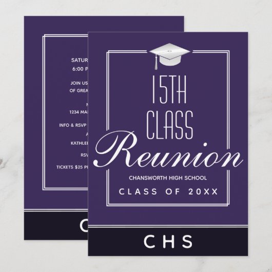 Paarse zwarte 15e klas reünie kaart (Voorkant / Achterkant)