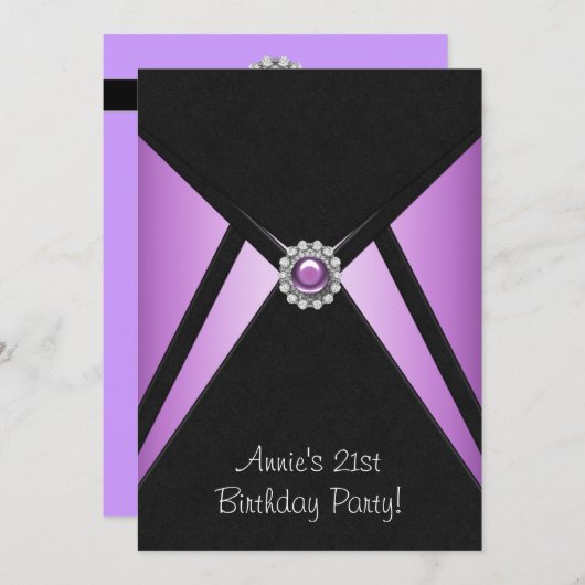 Paarse zwarte 21e verjaardagsfeestje kaart (Voorkant / Achterkant)