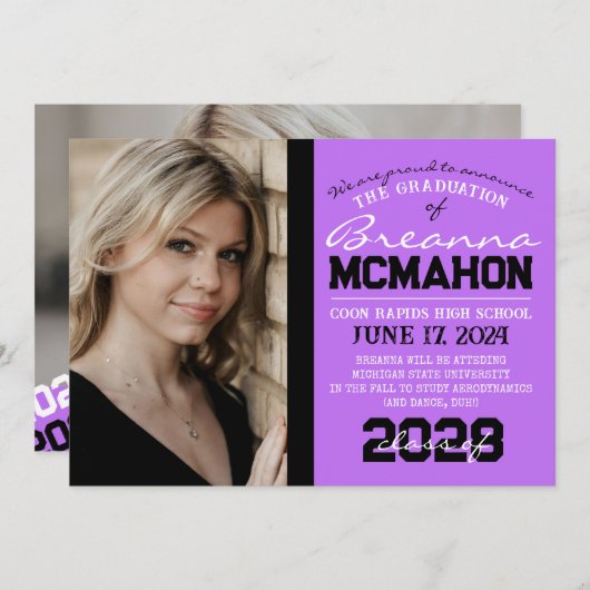Paarse & Zwarte Afstuderen 2 Fotoaankondiging Kaart (Voorkant / Achterkant)