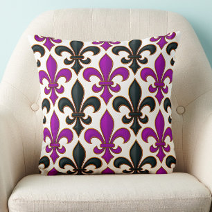 Paarse Zwarte Barok Fleur-de-lis Patroon Ontwerp Kussen