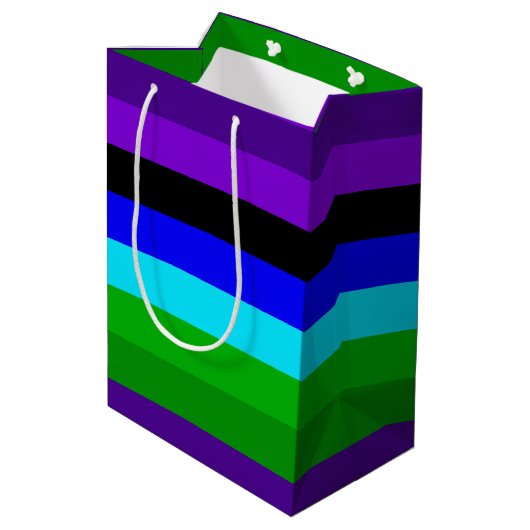 Paarse, zwarte, blauwe en groene strepen medium cadeauzakje (Achterkant Gekanteld)